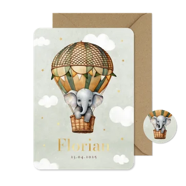 Geboortekaartje vintage luchtballon olifant wolkjes sterren